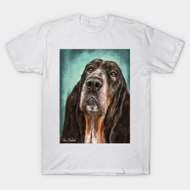 Painting of a Basset Hound Dog Looking Up Turquoise Background T-Shirt by ibadishi